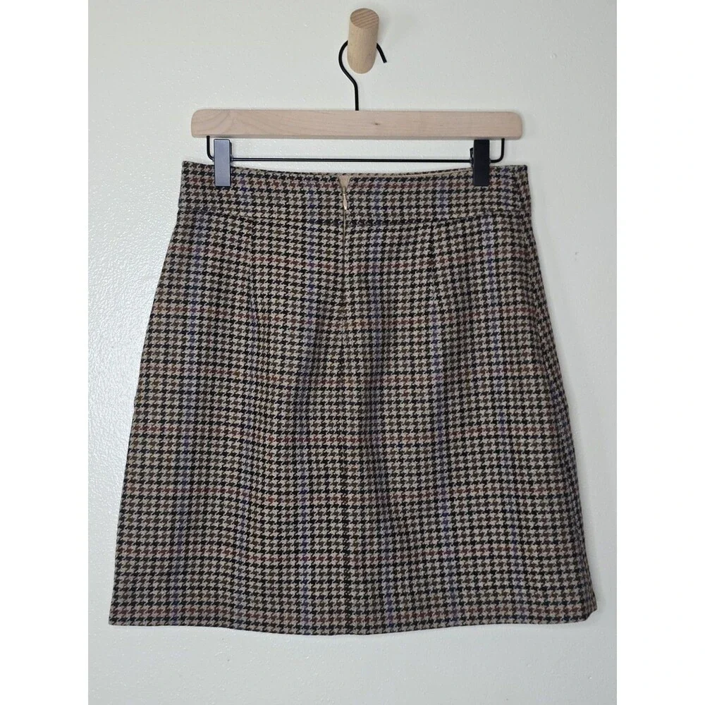 J.Crew Womens Size 4 Wool Blend Houndstooth Plaid A-Line Skirt Brown Academia